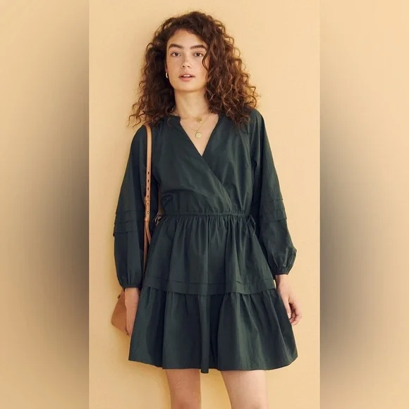 Madewell Long Sleeve Mini Dress Poplin Cotton Wrap Green Casual Quiet Luxury - Picture 3 of 13